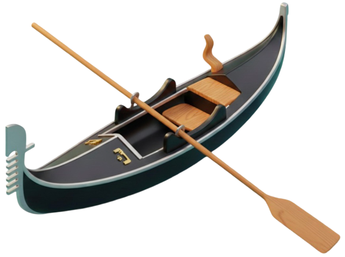 3D render of a black gondola with wooden seats and oar