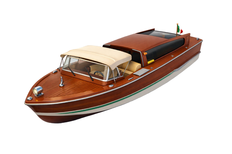 3D render of a polished mahogany Venetian water taxi